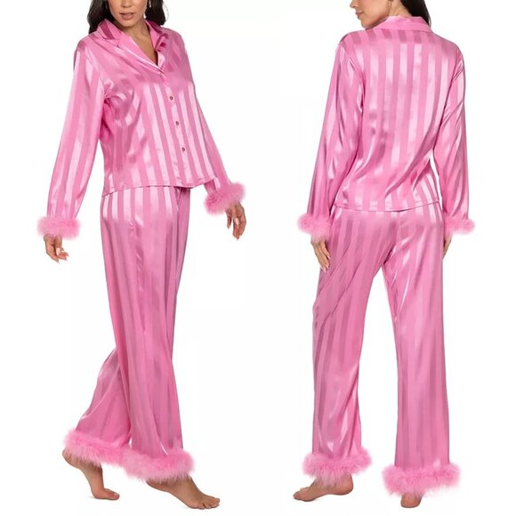 Sz XL new Linea Donatella Women's Feather-Trimmed STRIPED SATIN Pajama Set PINK - Picture 1 of 7